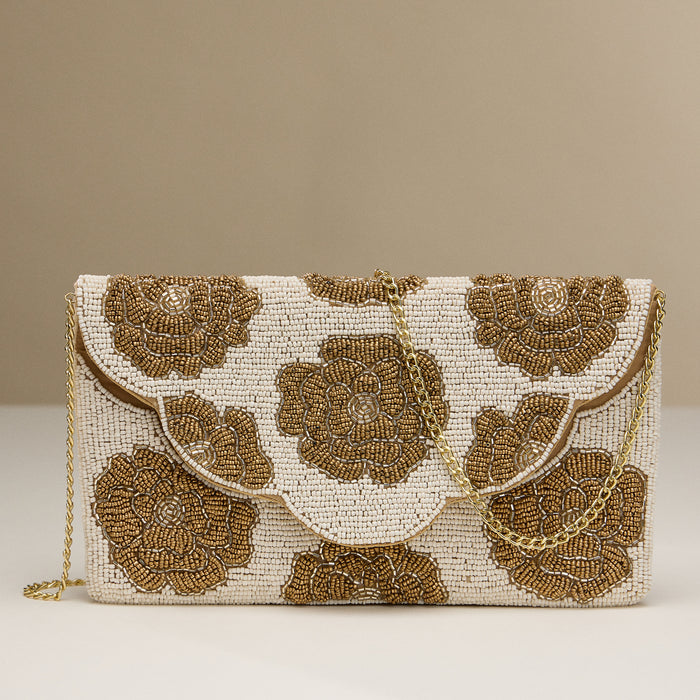 Beaded Floral Clutch – Gold & Ivory Elegant Evening Purse with Chain