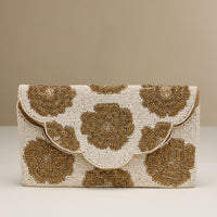 Beaded Floral Clutch – Gold & Ivory Elegant Evening Purse with Chain