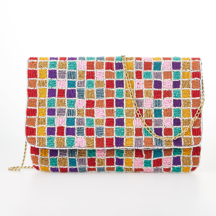 Multi Mini Squares Seed Beads Flap Clutch Bag