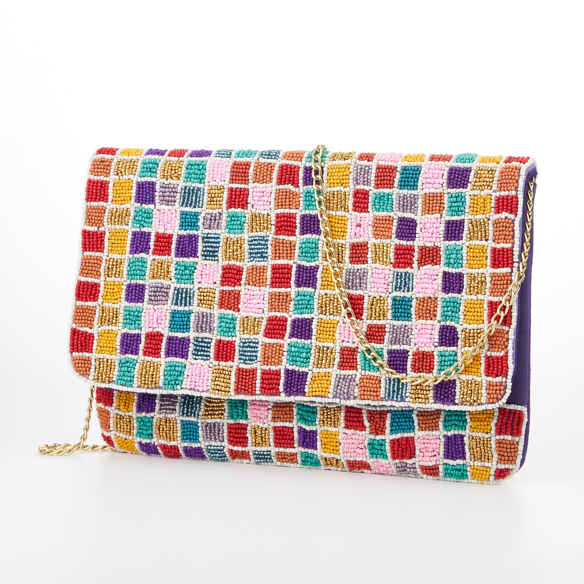 Multi Mini Squares Seed Beads Flap Clutch Bag