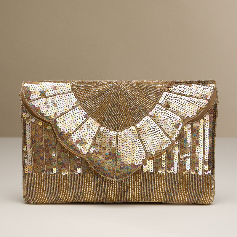 Gold Sequin Beaded Clutch – Glamorous Evening Bag with Fringe & Chain Strap