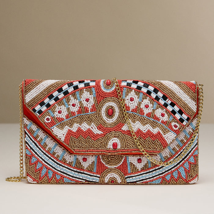 Beaded Boho Clutch – Colorful Geometric Pattern Purse with Gold Chain