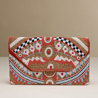 Beaded Boho Clutch – Colorful Geometric Pattern Purse with Gold Chain