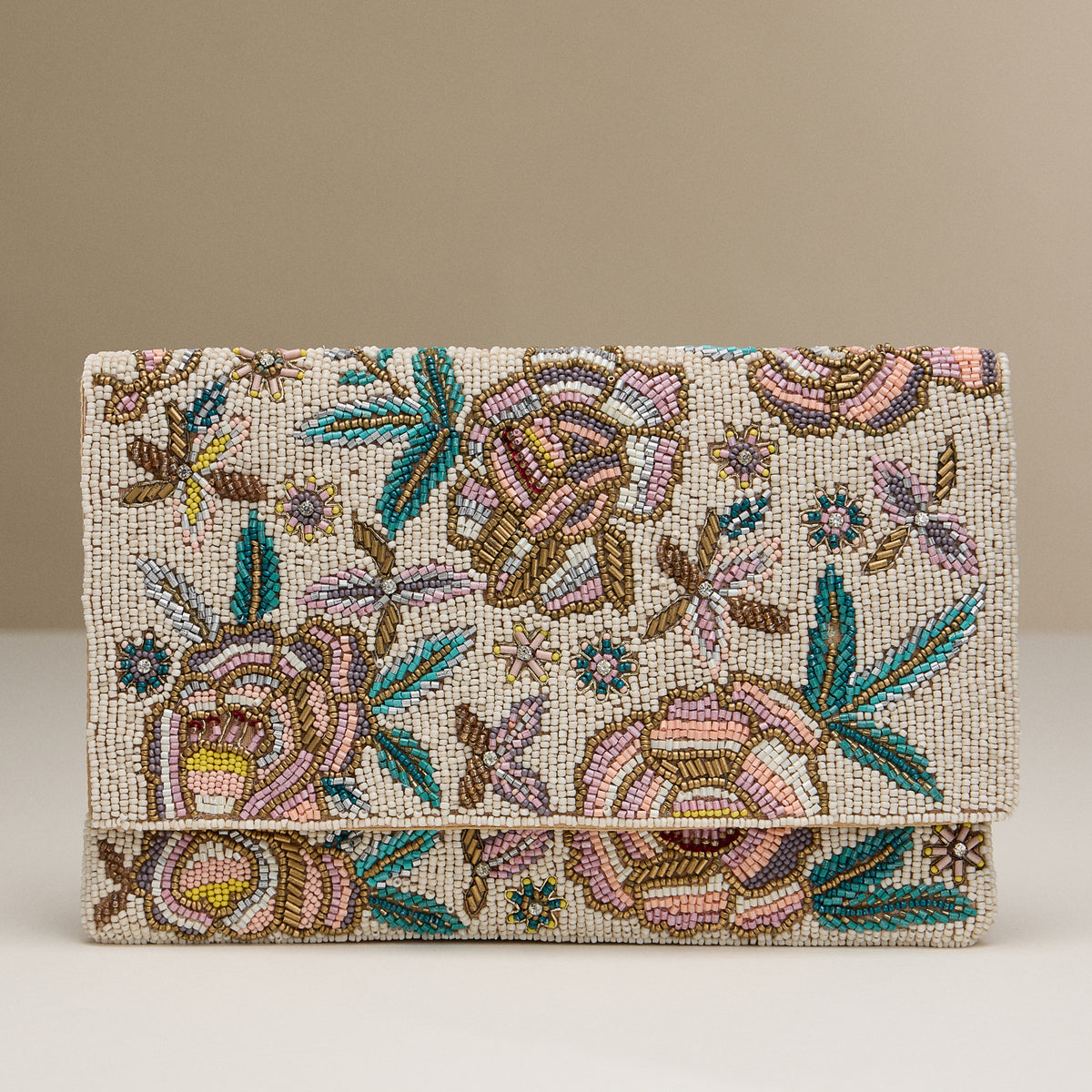 Beaded Floral Clutch with Chain Strap