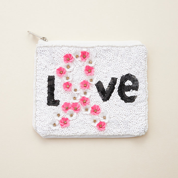 LOVE Pink Ribbon Seed Bead Canvas Pouch