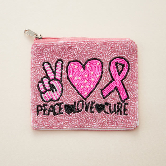 PEACE LOVE CURE Pink Ribbon Seed Bead Canvas Pouch