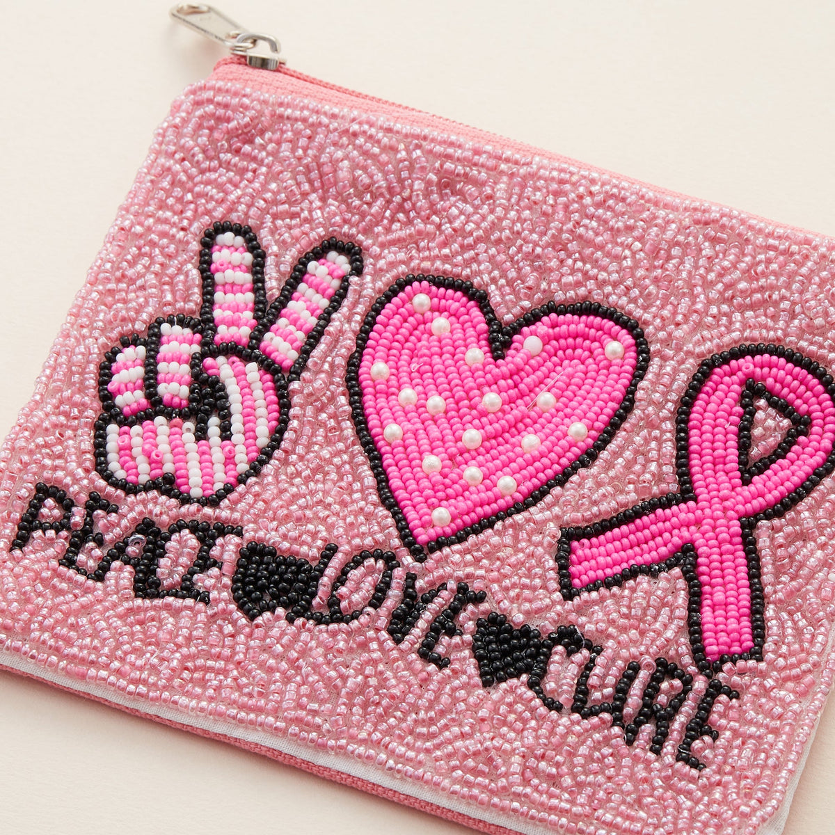 PEACE LOVE CURE Pink Ribbon Seed Bead Canvas Pouch