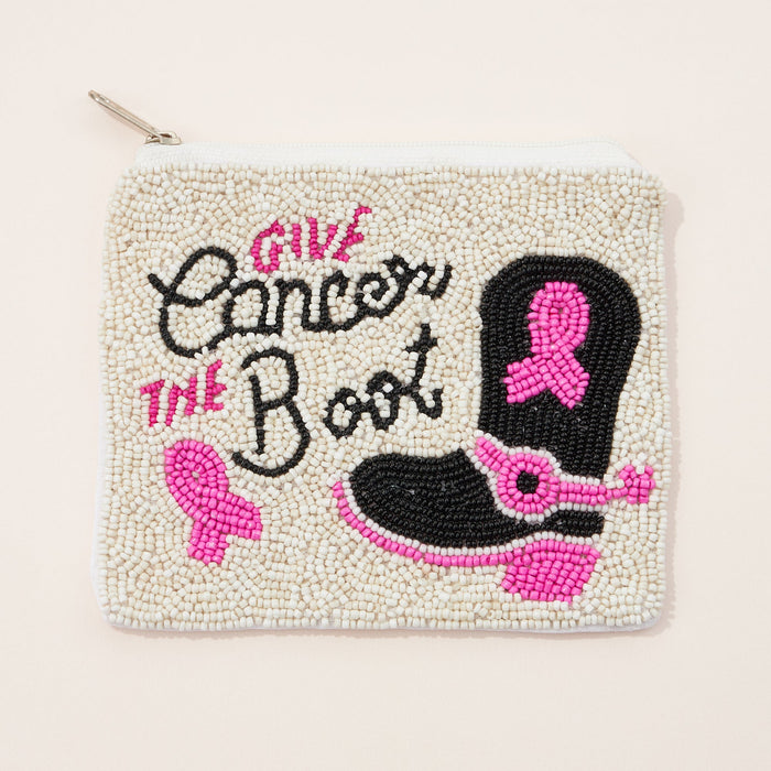 Pink Ribbon Boot Seed Bead Canvas Pouch