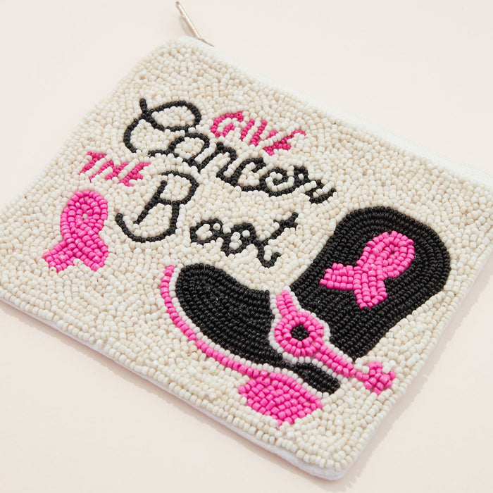 Pink Ribbon Boot Seed Bead Canvas Pouch