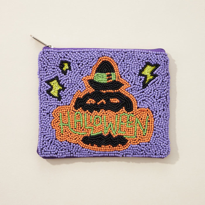 Pumpkin Witch Seed Bead Canvas Pouch