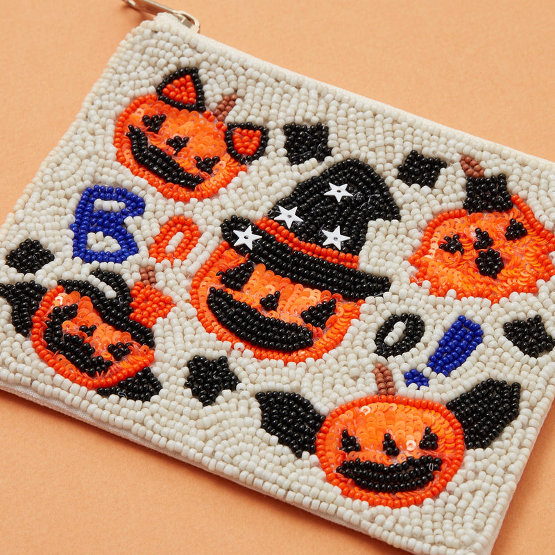 Boo! Pumpkin Witch Seed Bead Canvas Pouch