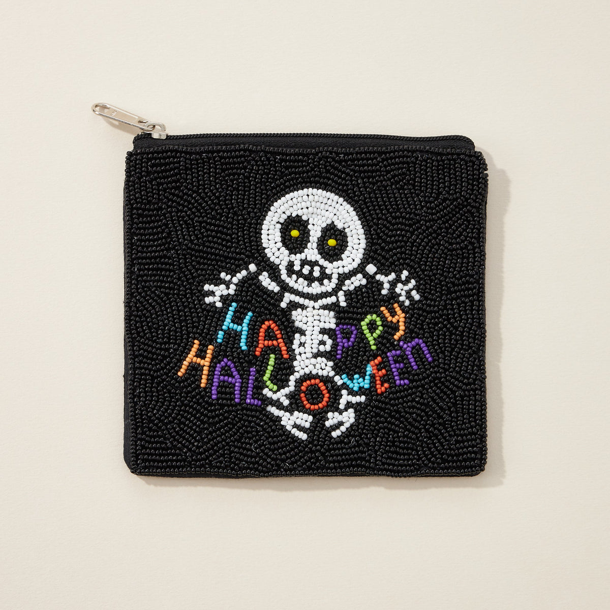 Happy Halloween Skull Seed Bead Canvas Pouch