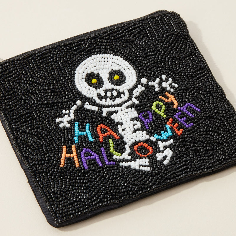 Happy Halloween Skull Seed Bead Canvas Pouch