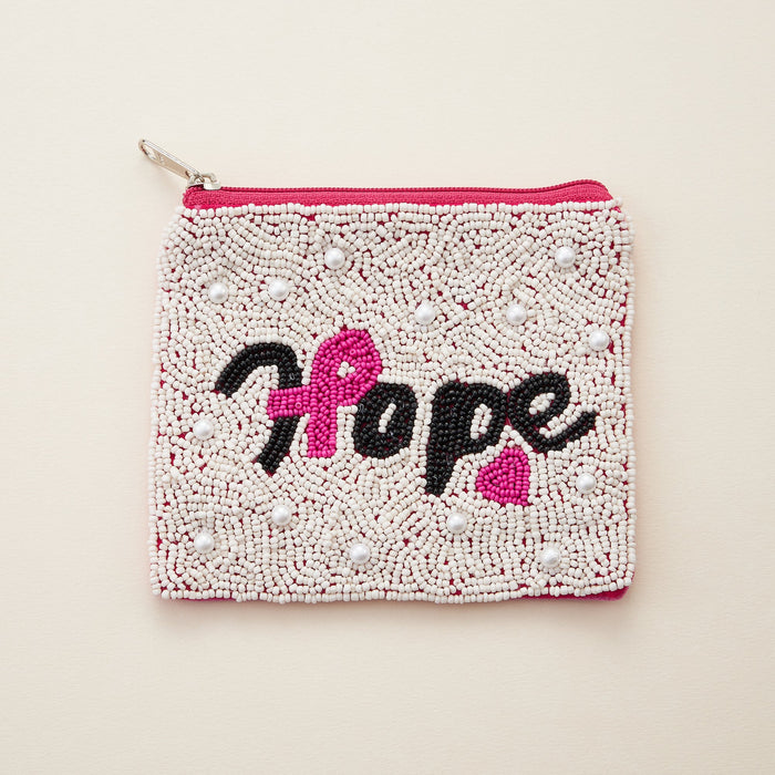 HOPE Pink Ribbon Seed Bead Canvas Pouch