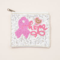 Hope Pink Ribbon Seed Bead Sequin Canvas Pouch