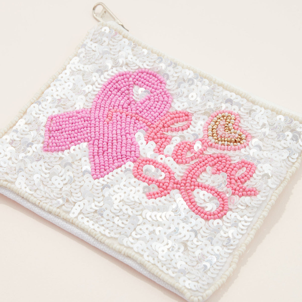 Hope Pink Ribbon Seed Bead Sequin Canvas Pouch