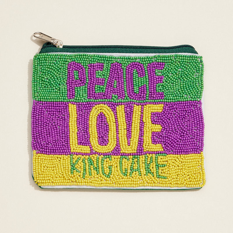 Beaded "Peace, Love, King Cake" Zip Pouch – Festive Mardi Gras Clutch