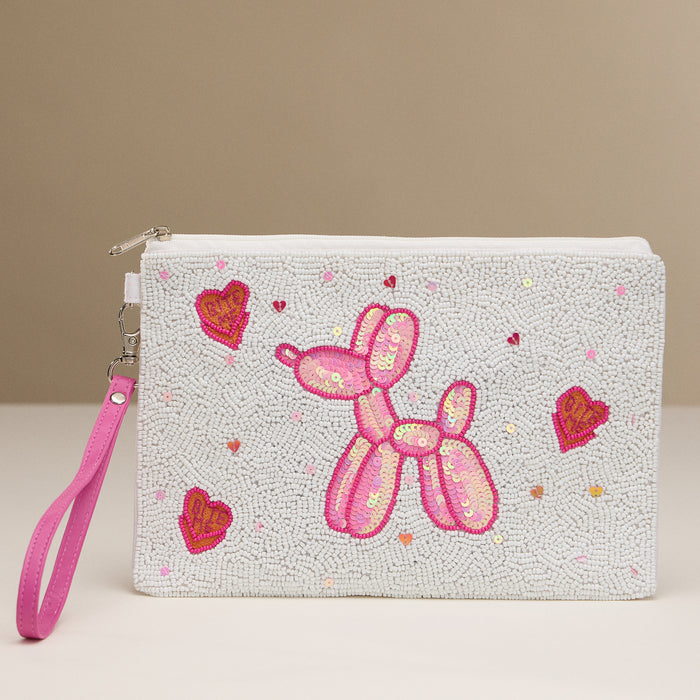 Pink Balloon Dog Beaded Wristlet Clutch