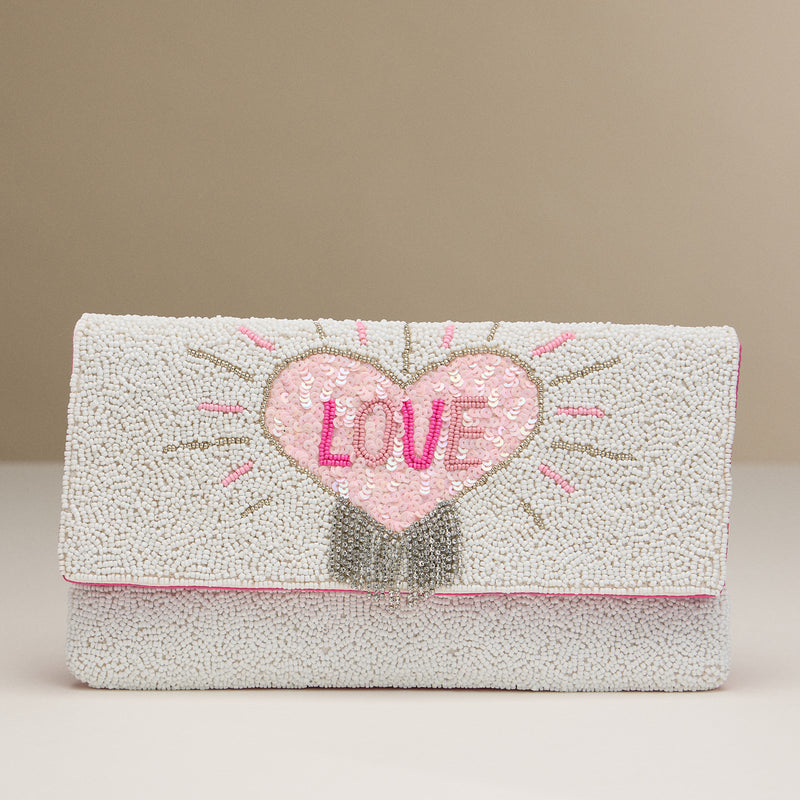 Beaded Love Heart Clutch with Chain Strap