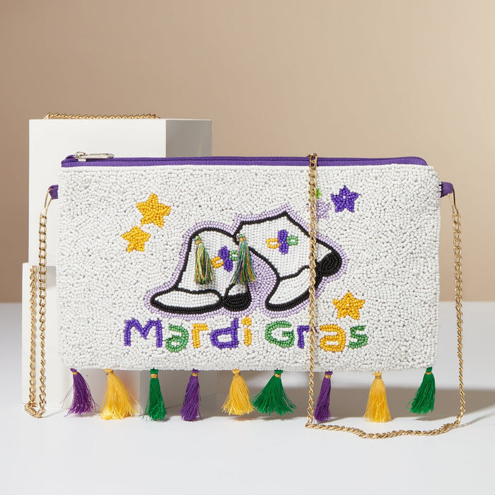 Mardi Gras Boots Seed Beads Clutch Bag with Tassels