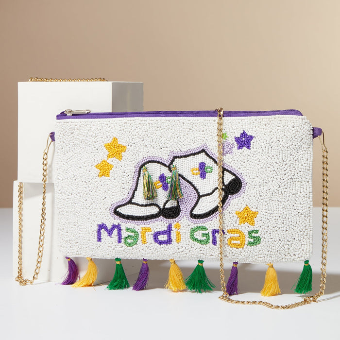 Mardi Gras Boots Seed Beads Clutch Bag with Tassels