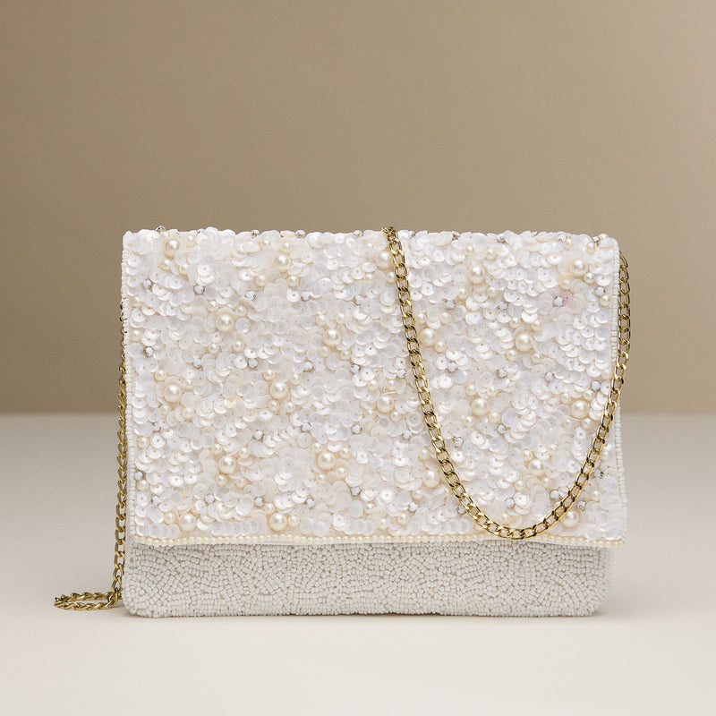 White Pearl & Sequin Beaded Clutch with Chain