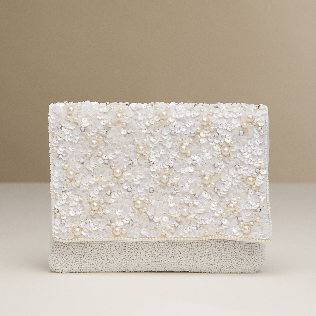 White Pearl & Sequin Beaded Clutch with Chain