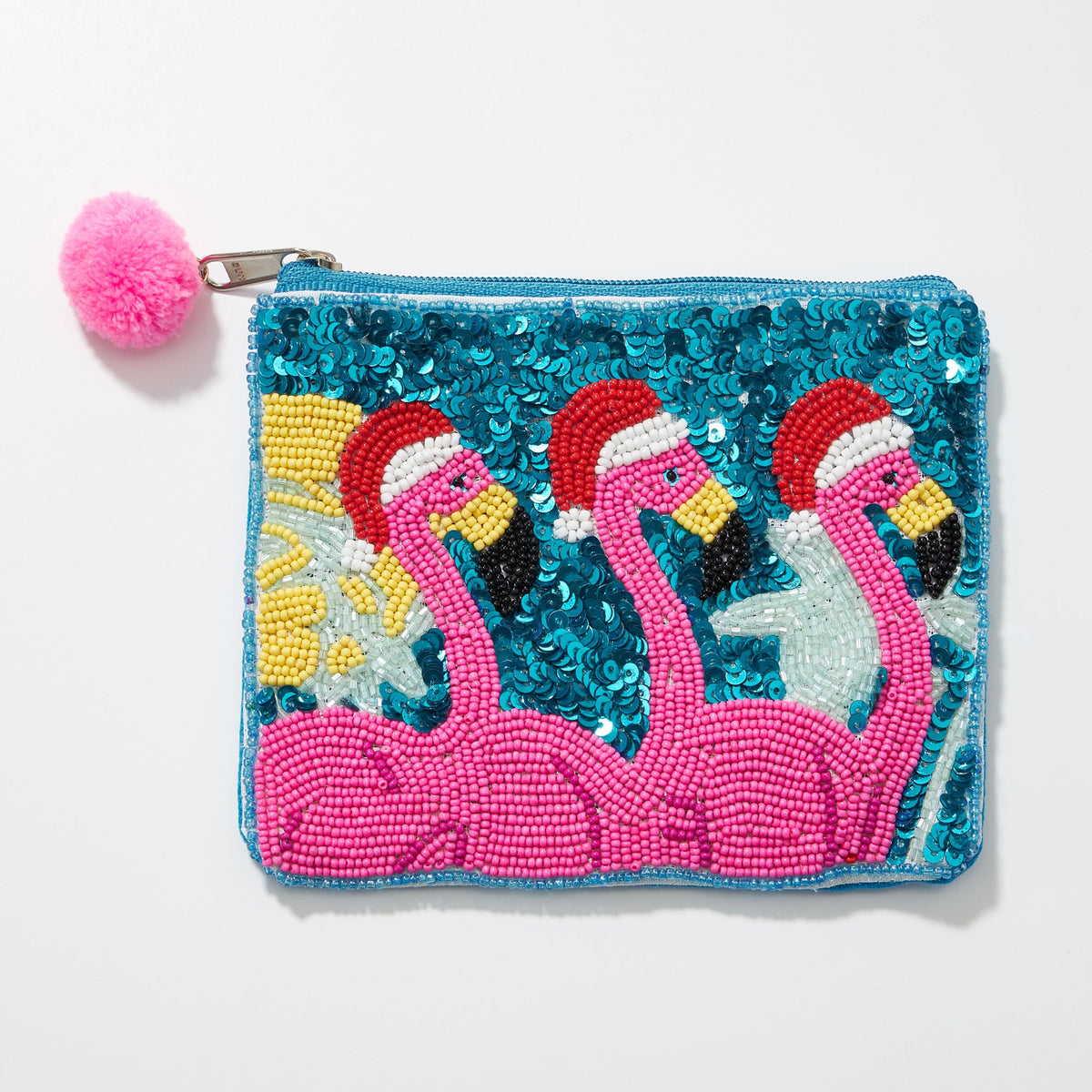 Flamingo Santa Seed Bead Canvas Pouch