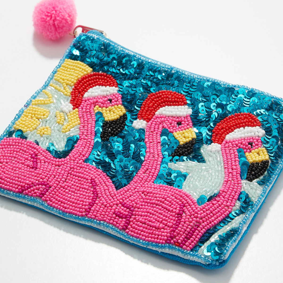 Flamingo Santa Seed Bead Canvas Pouch