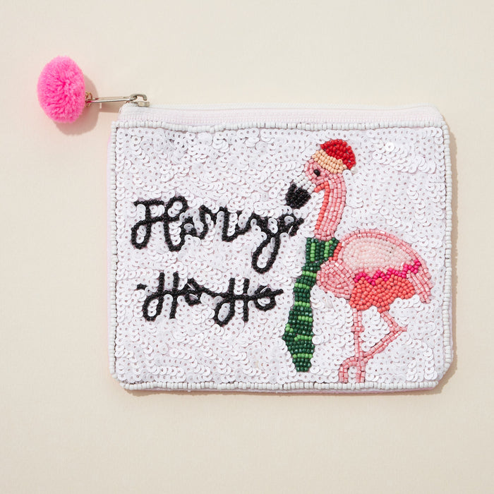 Flamingo Ho Ho Seed Bead Canvas Pouch with a Pom