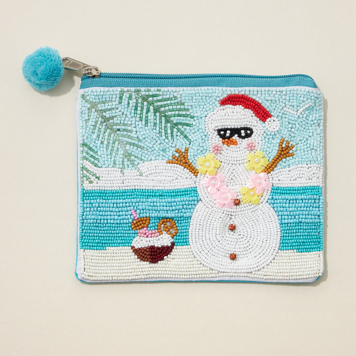 Snowman on the Beach Seed Bead Canvas Pouch with a Pom