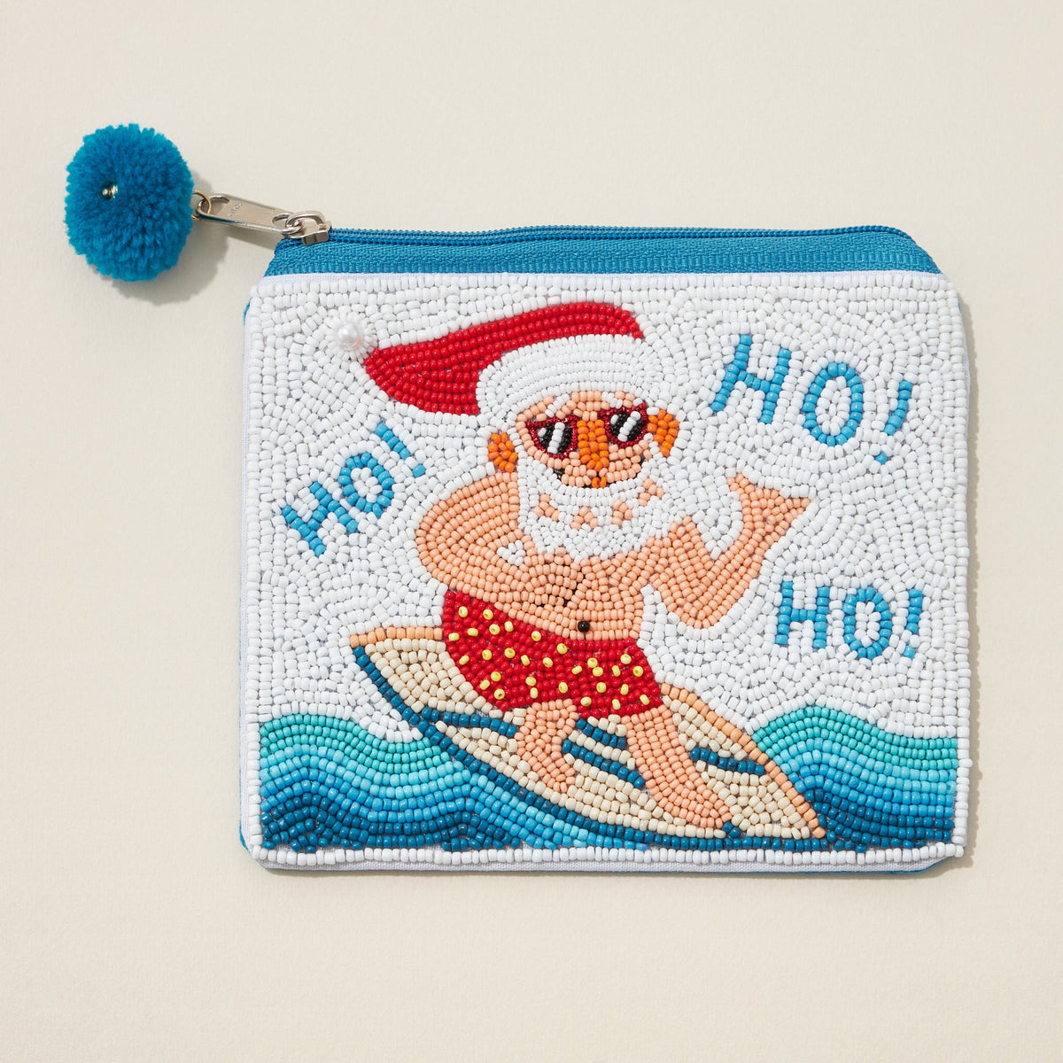 Surfing Santa Seed Bead Canvas Pouch with a Pom