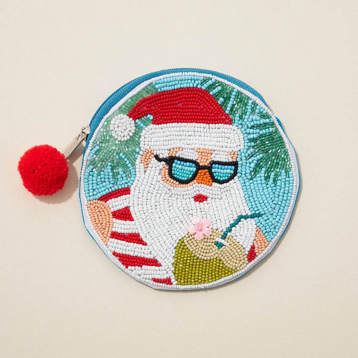 Santa on the Beach Seed Bead Round Canvas Pouch