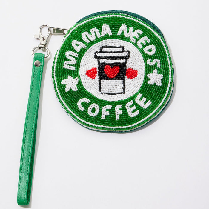 Mama Needs Coffee Beaded Coin Pouch