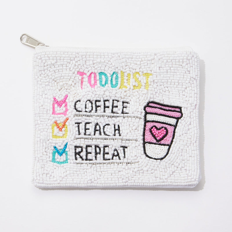 "Coffee, Teach, Repeat" Beaded Coin Pouch for Teacher's Day