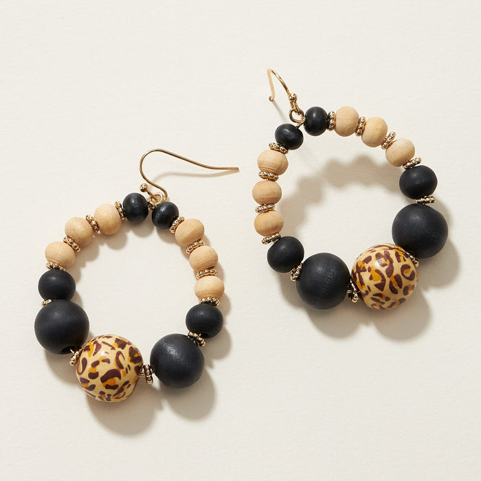 Animal Print Wood Bead Teardrop Earrings