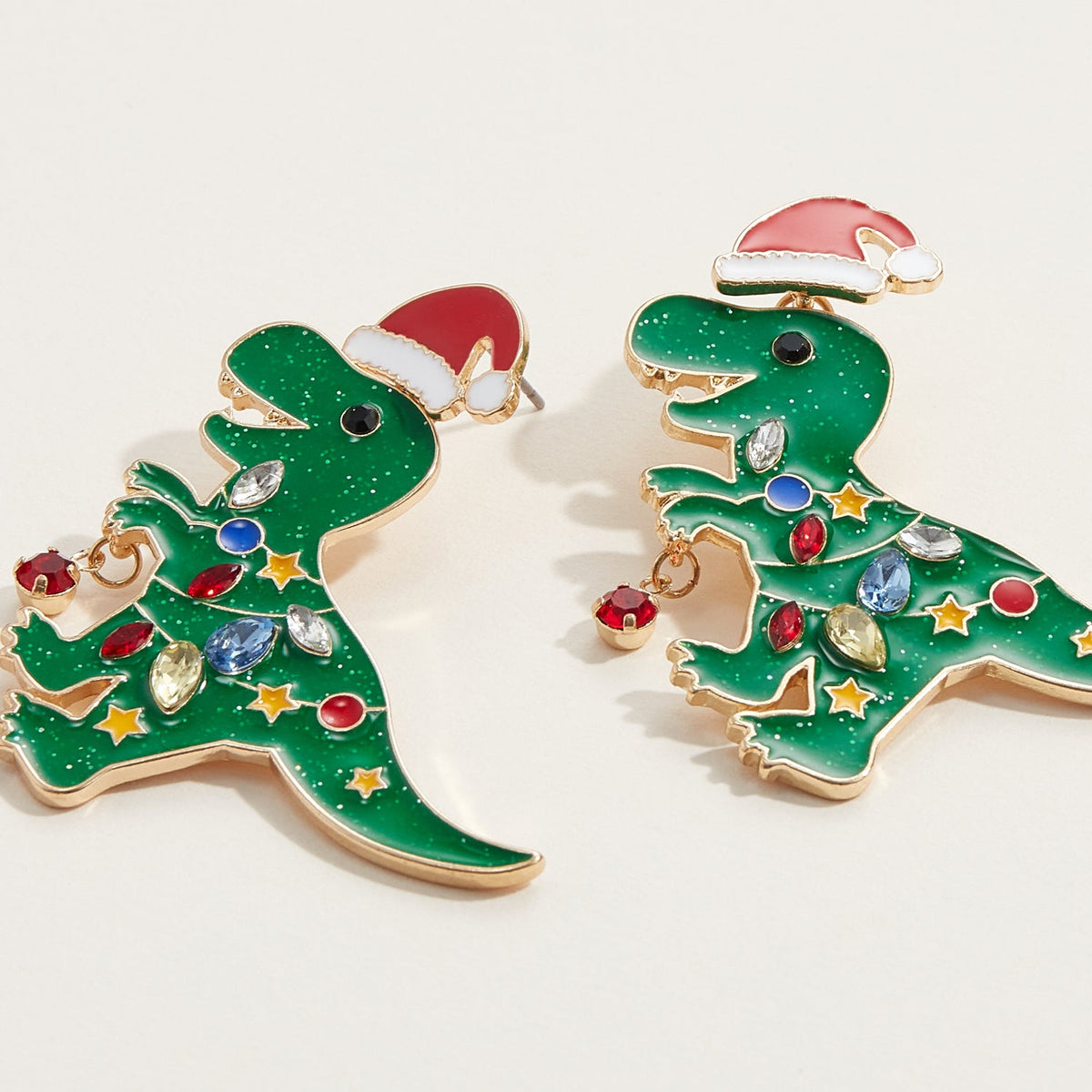 Christmas Dinosaur Enamel Drop Earrings