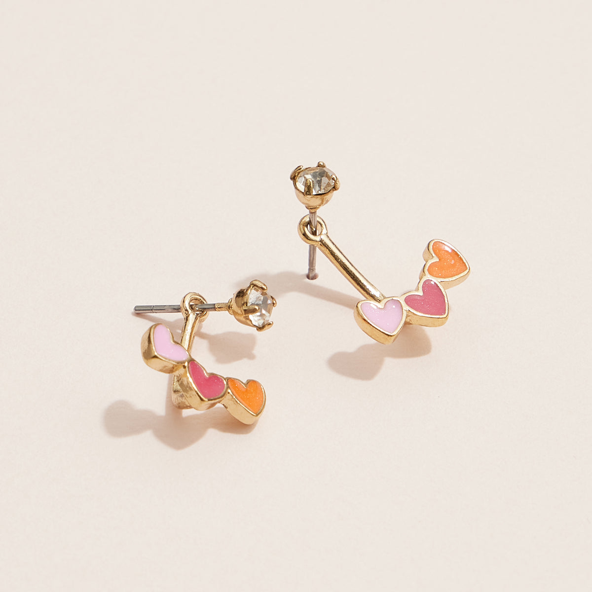 Colorful Heart Ear Jacket Enamel Earrings – Gold-Tone, Pink & Orange Enamel, Crystal Studs