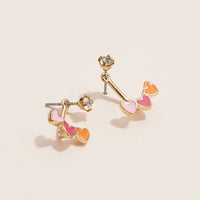 Colorful Heart Ear Jacket Enamel Earrings – Gold-Tone, Pink & Orange Enamel, Crystal Studs