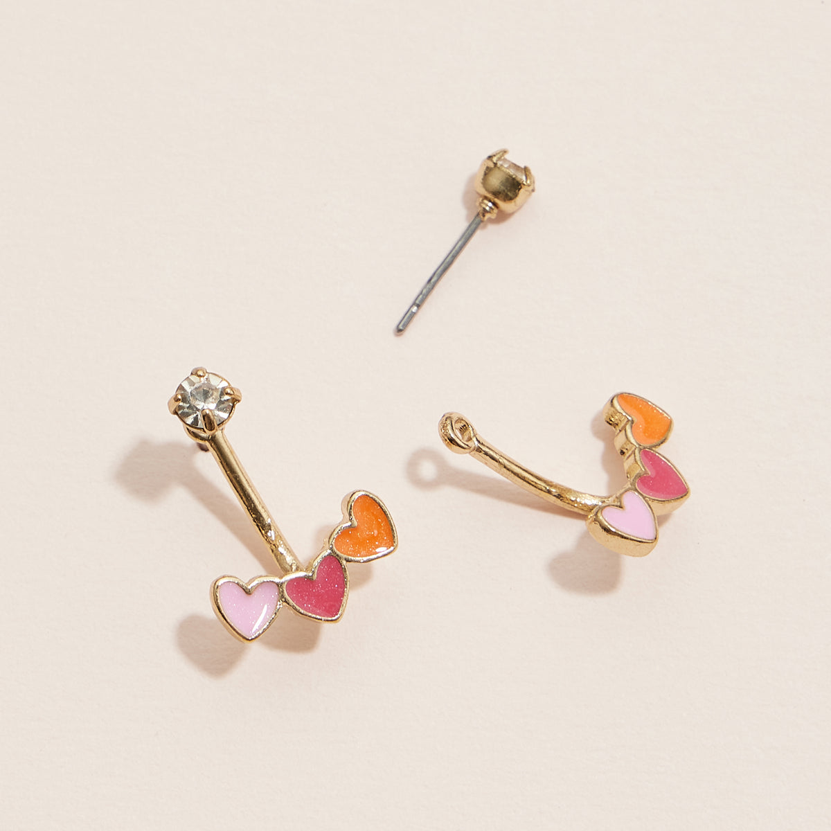 Colorful Heart Ear Jacket Enamel Earrings – Gold-Tone, Pink & Orange Enamel, Crystal Studs