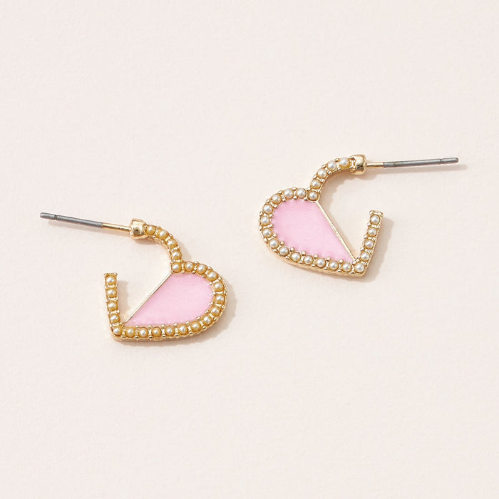 Heart Hoop Earrings with Enamel & Pearl