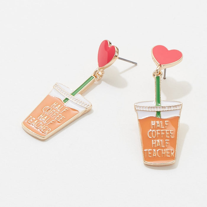 Half Coffee and Half Teacher Enamel Post Earrings