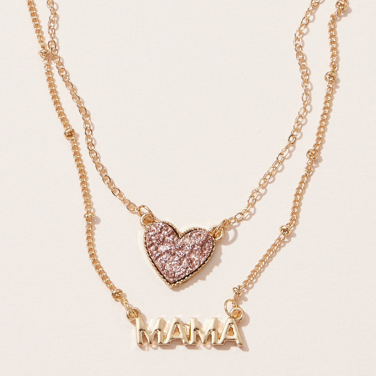 Mama Pendant & Druzy Stone Heart Set Necklace