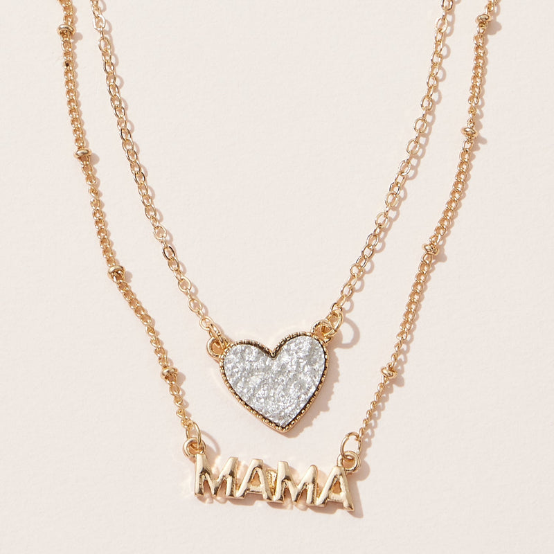 Mama Pendant & Druzy Stone Heart Set Necklace