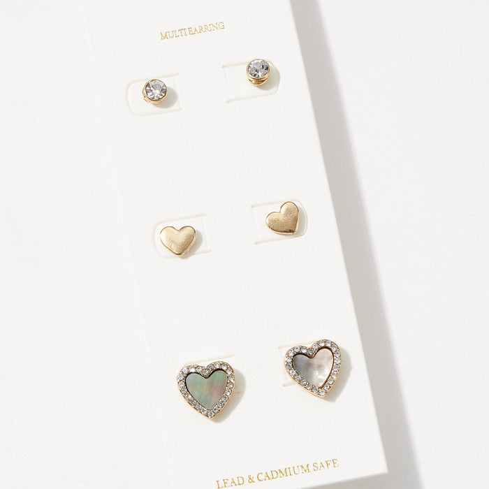 Heart Shaped Stud Earrings Set of 3, a Mother of Pearl Accent