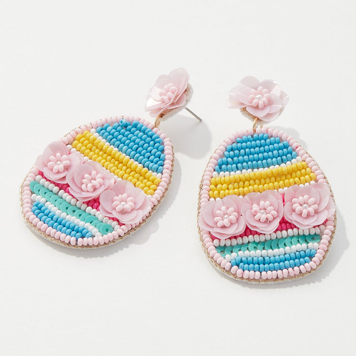 Easter Egg With Flower Beaded Post Earring