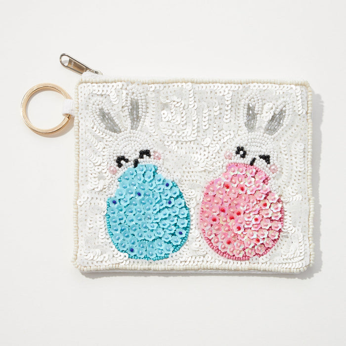 Blue and Red Bunny Easter Seed Bead Coin Pouch