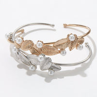 Everyday Wear Leaf Shape Metal Cuff Bracelet With Pearl