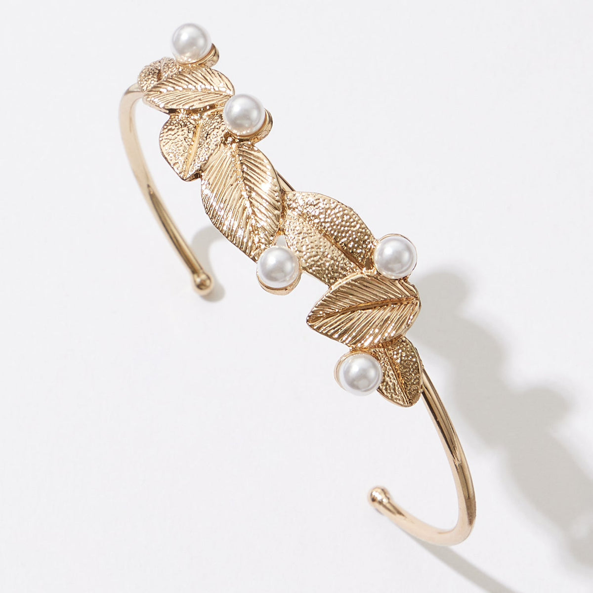 Everyday Wear Leaf Shape Metal Cuff Bracelet With Pearl