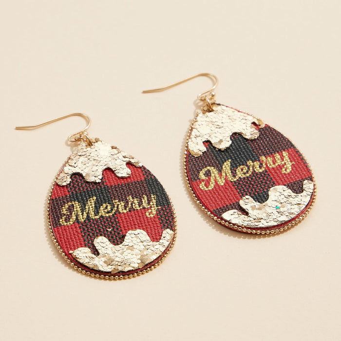 Merry Plaid Teardrop Earrings with Gold Sequin Accents